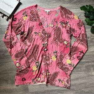 ESCADA Pink Floral Paisley Knit Button Up V - neck Cardigan Sweater. Size EU 40